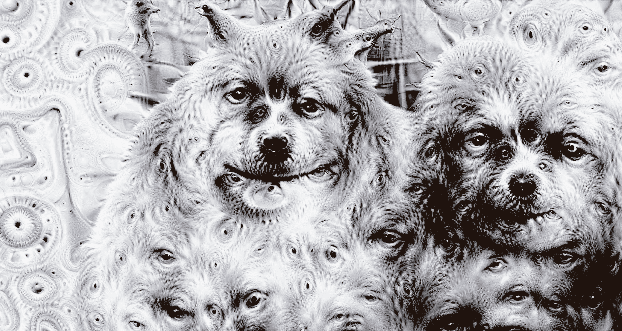 La imagen muestra un ejemplo de "Deep Dream", una técnica donde una red neuronal convolucional genera una visualización psicodélica a partir de patrones detectados en una imagen de entrada. Aquí, una imagen de un perro se transforma mediante la exageración de características reconocidas por la red, resultando en una fusión surrealista de ojos y texturas abstractas en patrones repetitivos. Este efecto ocurre cuando la red intenta interpretar la imagen a través de varias capas, amplificando ciertas características hasta crear una versión alucinante de la realidad.