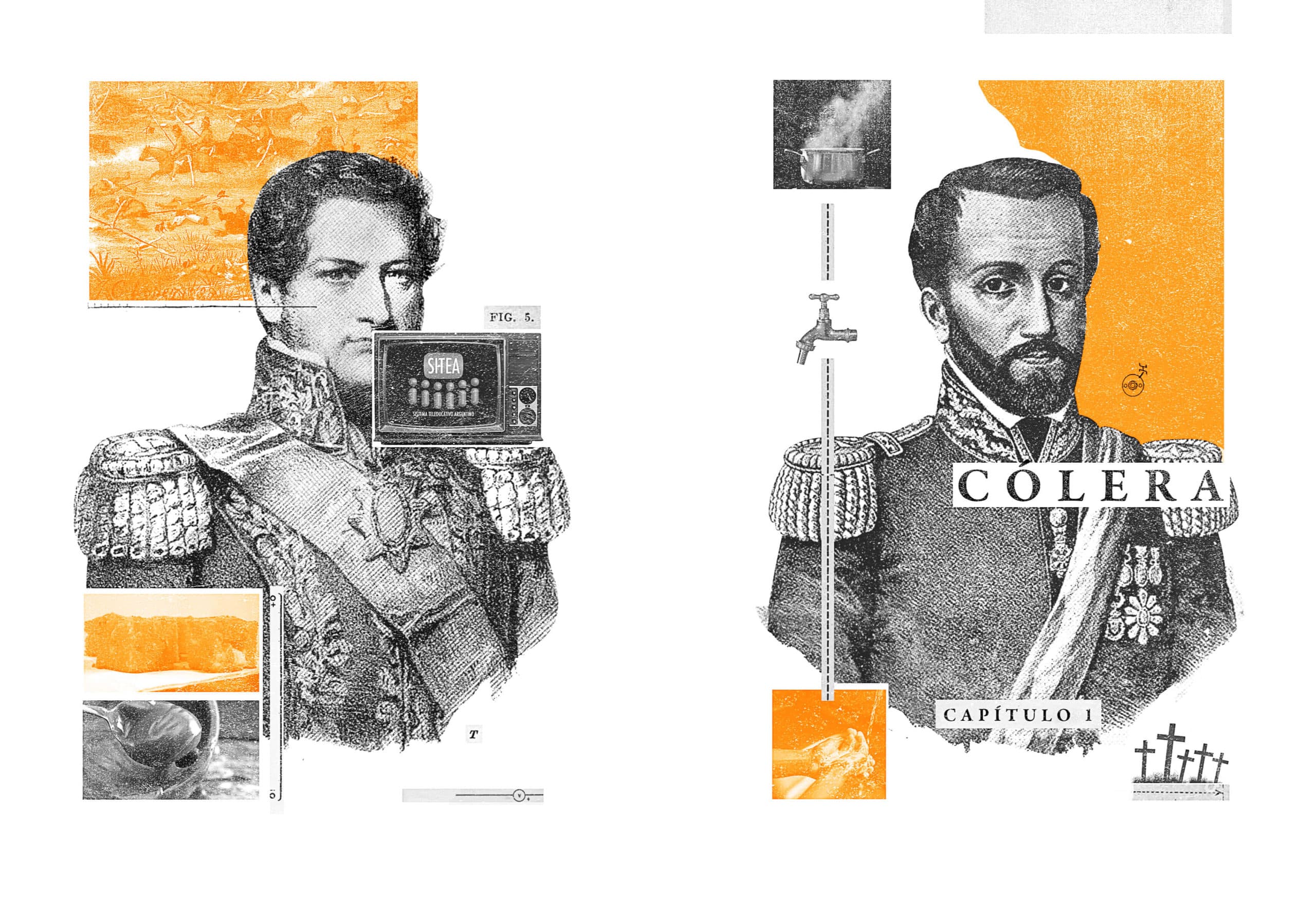 La portada del capítulo sobre el "Cólera" utiliza retratos históricos y elementos visuales que simbolizan la transmisión de la enfermedad, como el agua y la higiene. La combinación de ilustraciones de figuras políticas de la época y referencias al control del agua destaca la relación entre la enfermedad y las condiciones de vida. La paleta en blanco, negro y naranja da un contraste entre el pasado y el impacto sanitario, resaltando la historia de cómo se abordaron las epidemias.