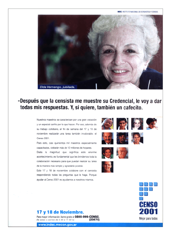 Afiche promocional del Censo 2001 en Argentina con una foto de Elda Vernengo, jubilada. Incluye el texto 'Después que la censista me muestre su Credencial, le voy a dar todas mis respuestas. Y, si quiere, también un cafecito'. Invita a la participación ciudadana, destacando la labor de 500 mil maestros censistas y el valor del censo para el país.